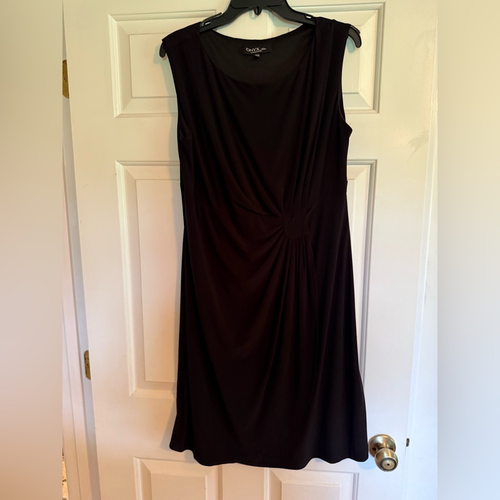 Onyx Black Ruched Sheath Midi Dress V-Neck Sleeveless